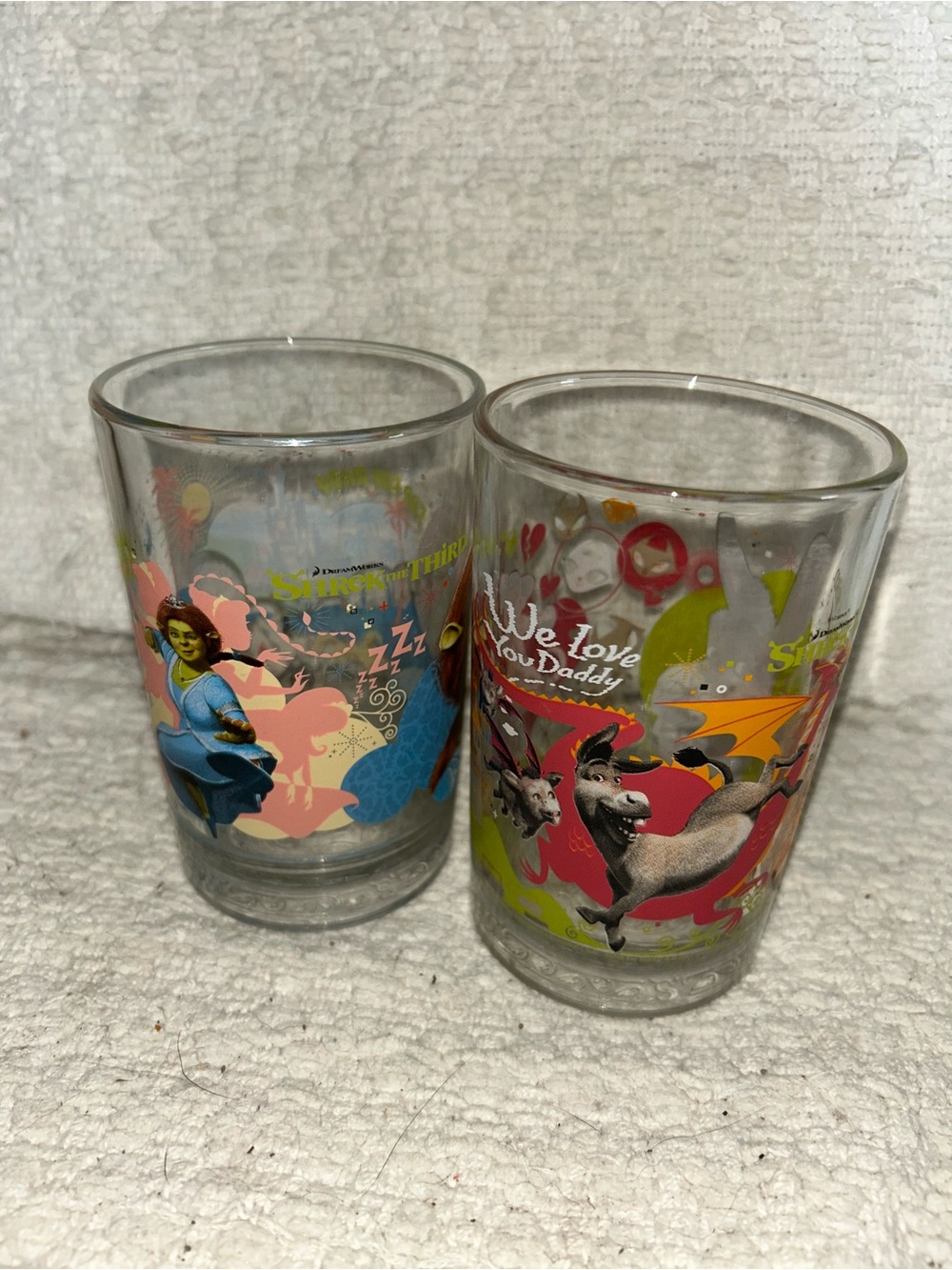 McDonalds Shrek Glass Donkey & Puss In Boots Dreamworks Collectors Cup Fiona X2